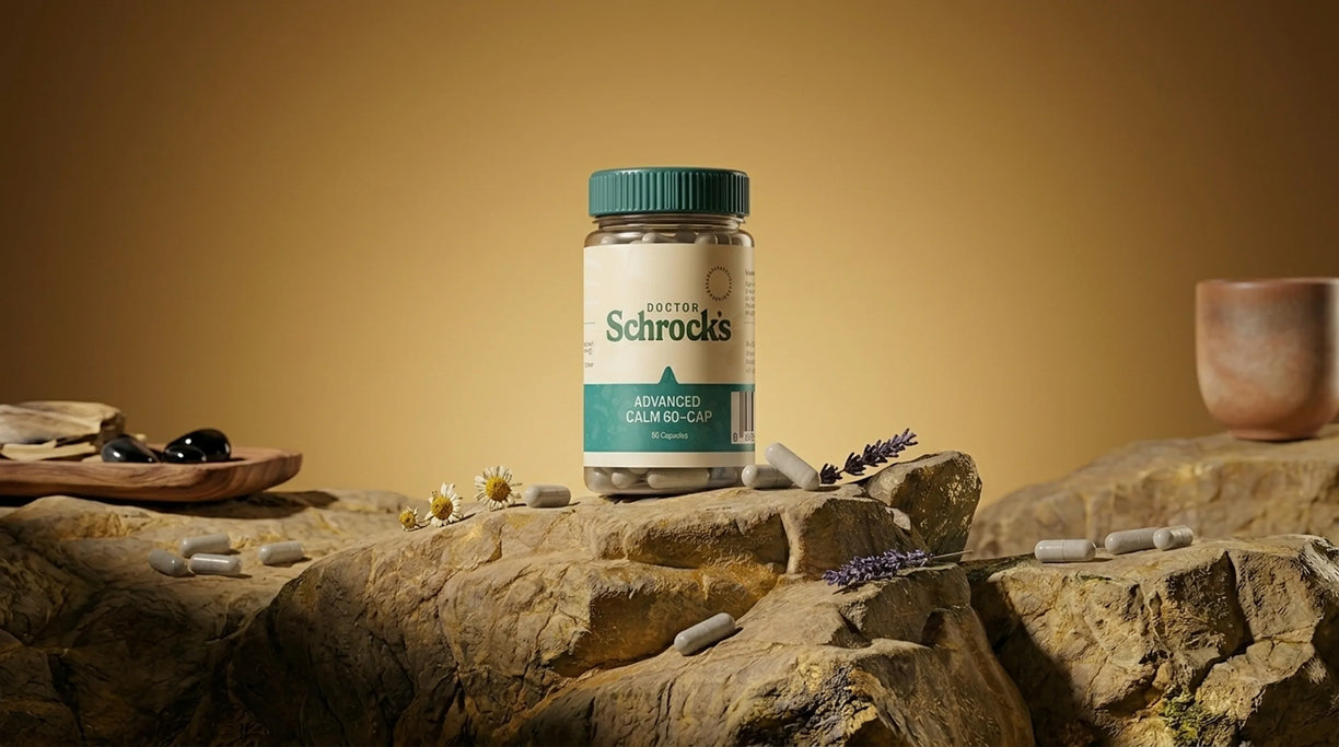 Dr. Schrock's Advanced Calm 60-Capsule (Anxiety Help) held outside — convenient daily stress and anxiety supplement from Dr. Schrock's