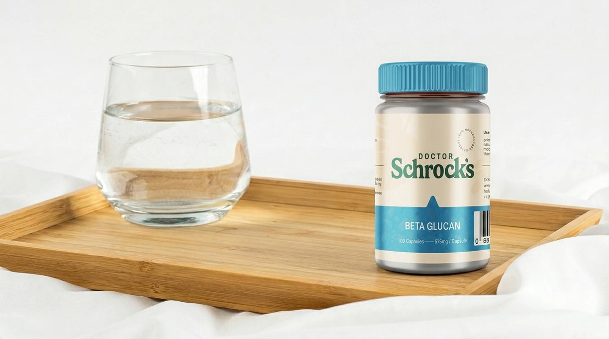 Dr. Schrock's Beta Glucan Immune Optimizer held outside — convenient daily immune supplement from Dr. Schrock's