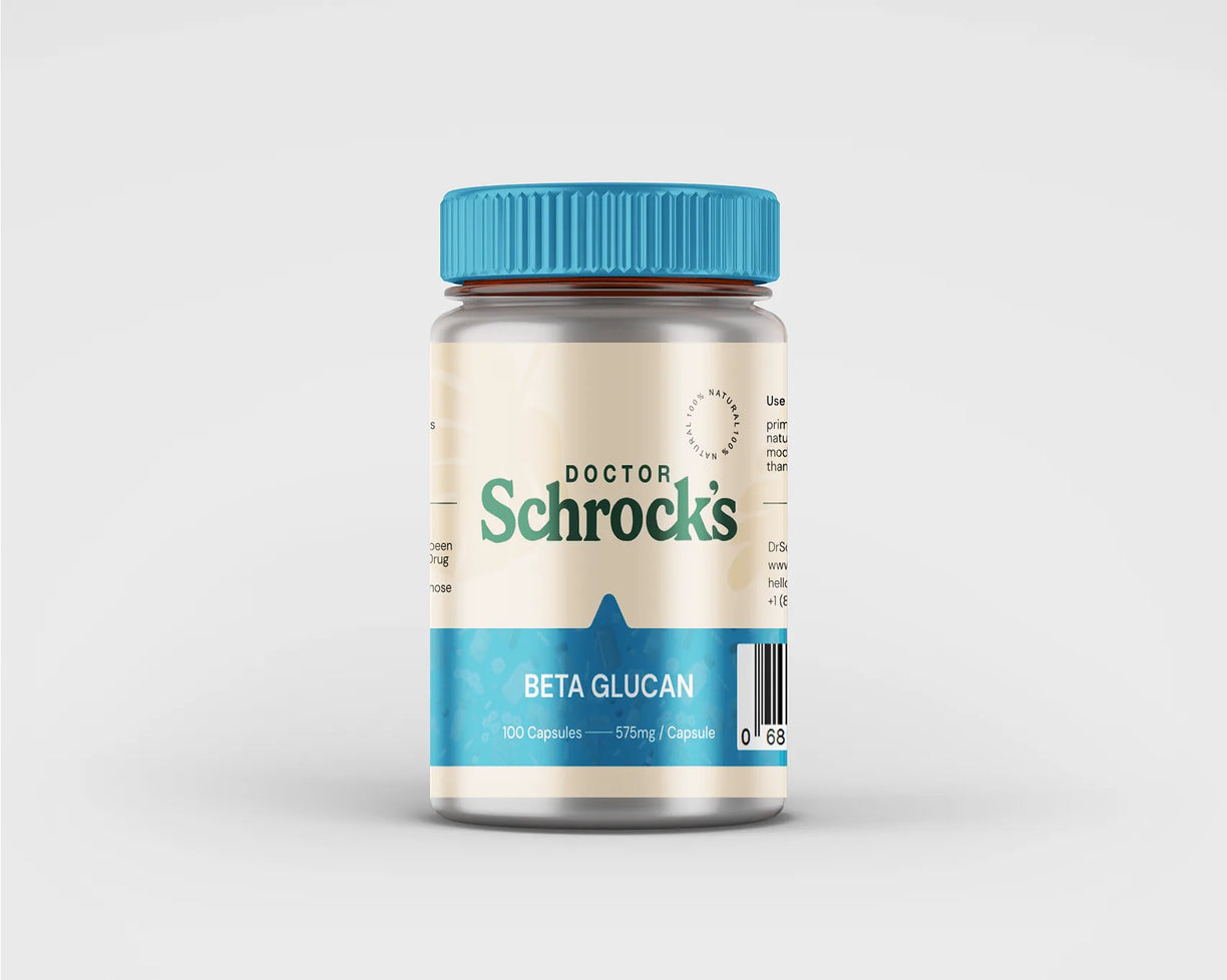 Dr. Schrock's Beta Glucan Immune Optimizer bottle — 1,3-1,6 beta glucan immune system support on clean studio background, doctor-formulated immune supplement