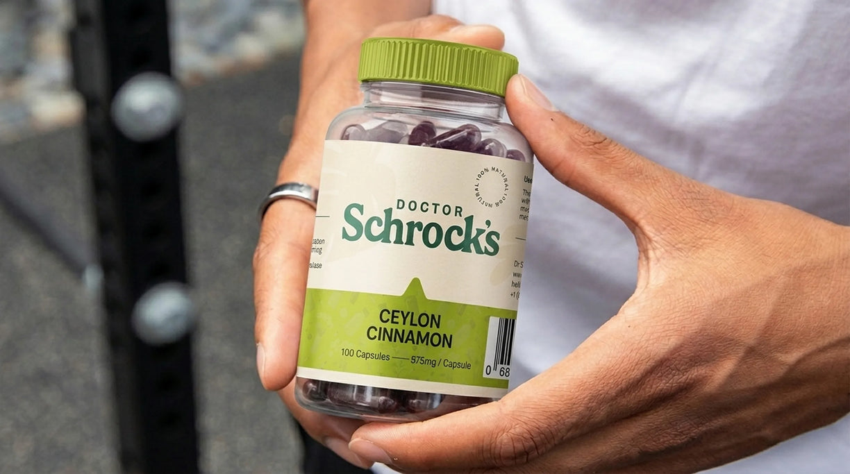 Dr. Schrock's Ceylon Cinnamon Bark supplement bottle in natural lifestyle context — true Ceylon cinnamon bark blood sugar and metabolism support