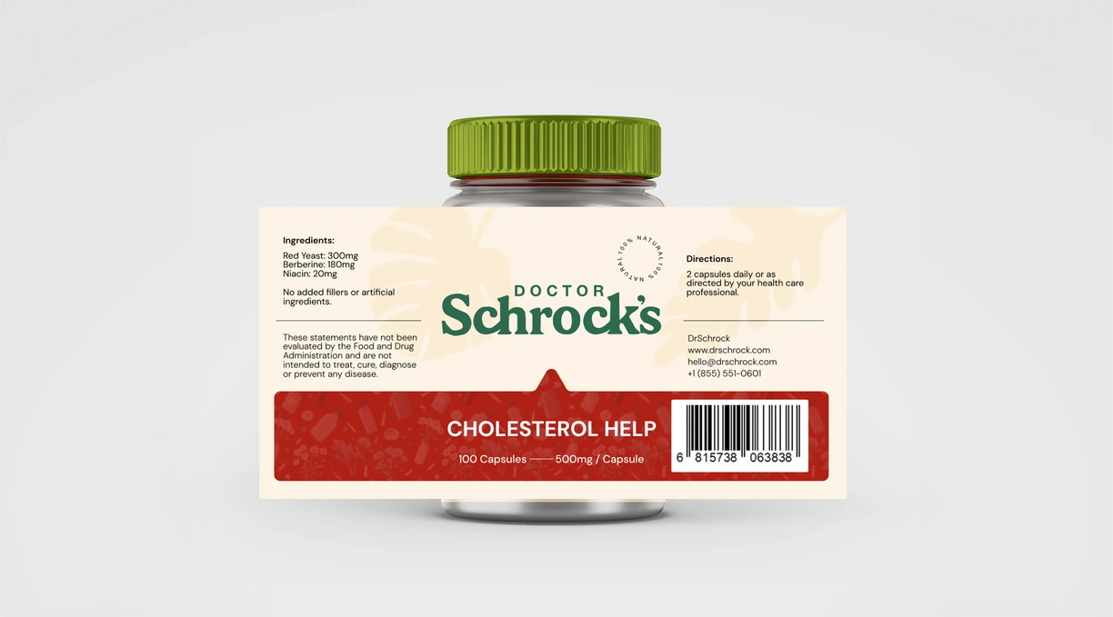 Dr. Schrock's Cholesterol Help bottle close-up — plant sterols, bergamot BPF, red yeast rice cholesterol support, doctor-formulated cardiovascular supplement