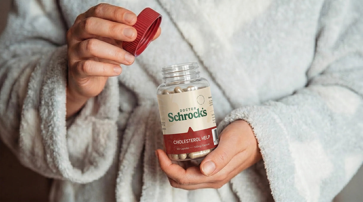 Dr. Schrock's Cholesterol Help supplement bottle in natural lifestyle context — plant sterols, bergamot BPF, red yeast rice cholesterol support