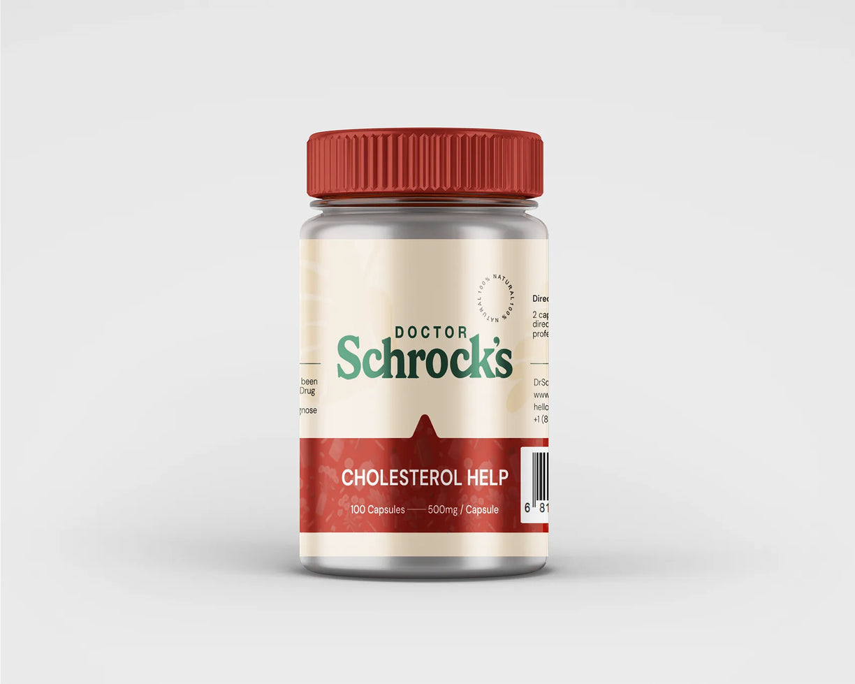 Dr. Schrock's Cholesterol Help bottle — plant sterols, bergamot BPF, red yeast rice cholesterol support on clean studio background, doctor-formulated cardiovascular supplement