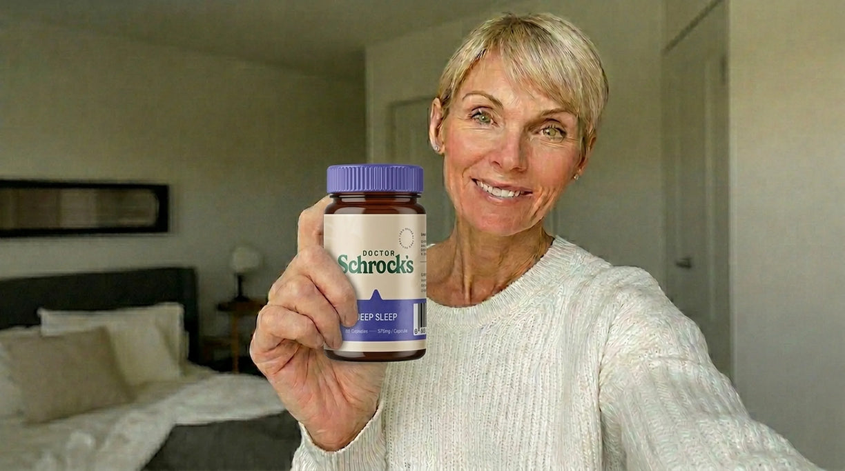 Dr. Schrock's Deep Sleep & Recovery Formula (Sleep Help) supplement bottle in natural lifestyle context — magnesium, GABA, L-theanine, valerian deep sleep support