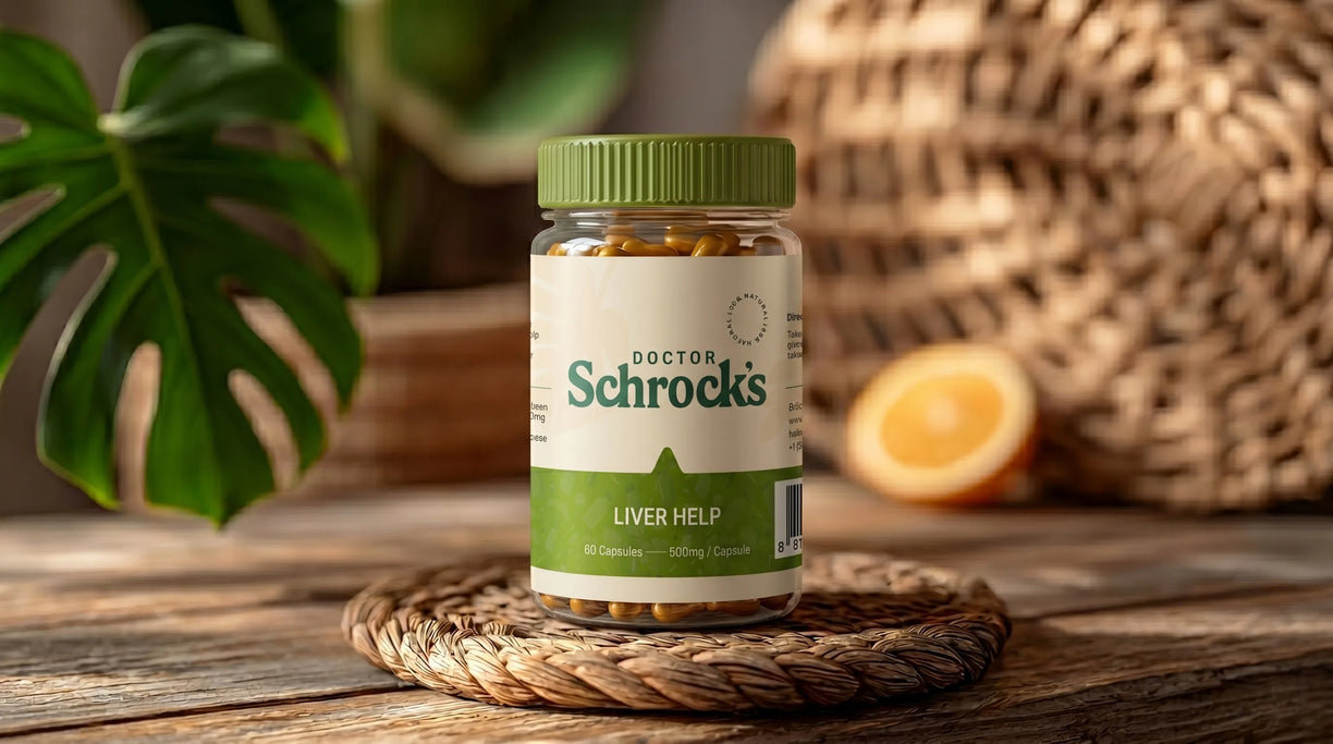 Dr. Schrock's Liver Help bottle held in hand outdoors — milk thistle, dandelion root, artichoke daily liver support for daily use