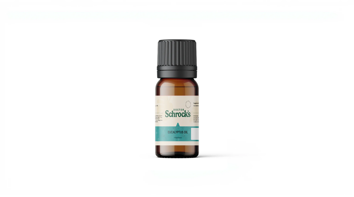 Dr. Schrock's Pure Eucalyptus Essential Oil bottle — pure 1oz eucalyptus essential oil on clean studio background, doctor-formulated essential oil