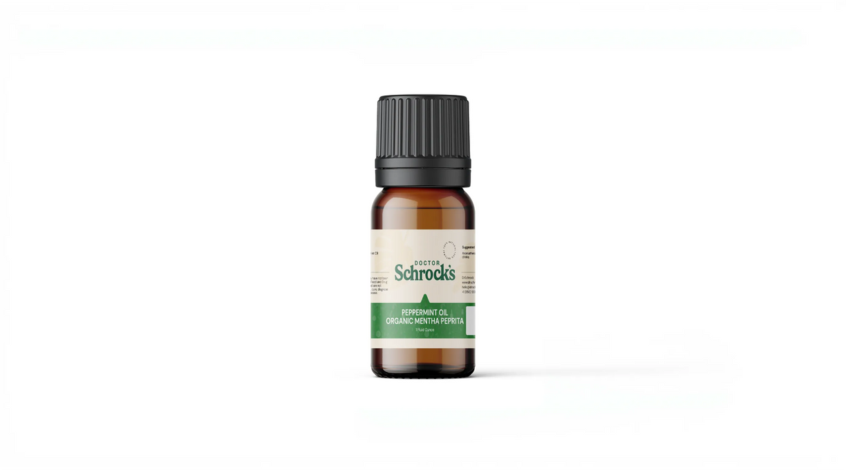 Dr. Schrock's Pure Peppermint Essential Oil bottle — pure 1oz peppermint essential oil on clean studio background, doctor-formulated essential oil