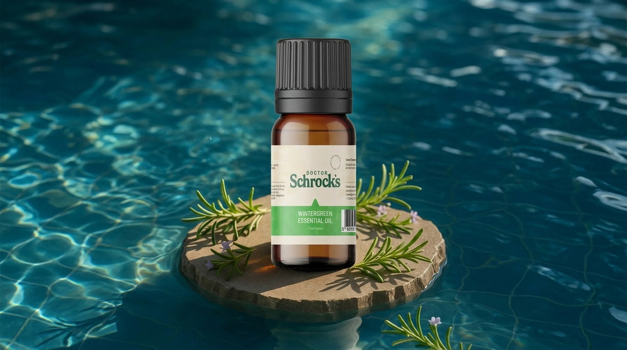 Dr. Schrock's Pure Wintergreen Essential Oil bottle held in hand outdoors — pure 1oz wintergreen essential oil for daily use