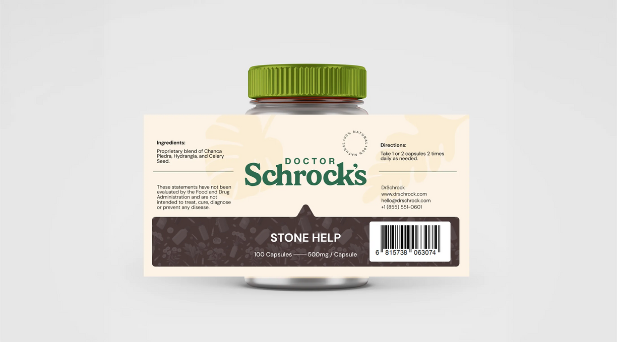 Dr. Schrock's Stone Help bottle close-up — chanca piedra, hydrangea, magnesium citrate kidney stone support, doctor-formulated urinary tract supplement
