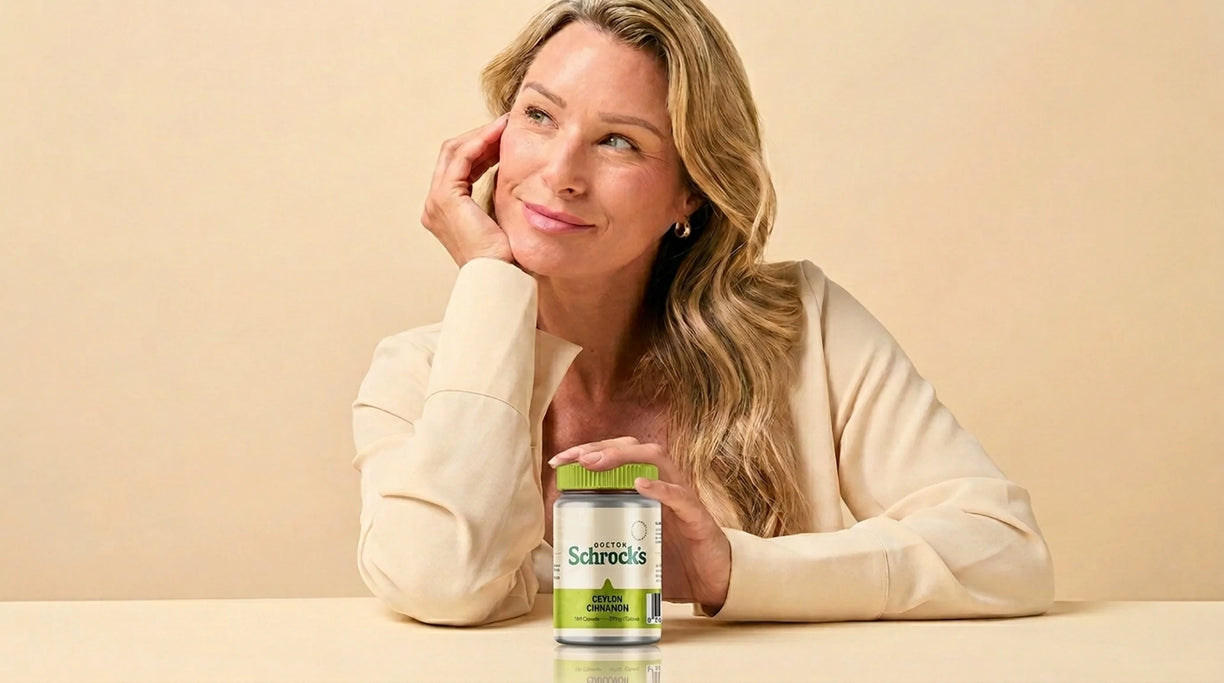 Dr. Schrock's Ceylon Cinnamon Bark bottle in real-world setting — metabolic supplement from doctor with 40 years of practice