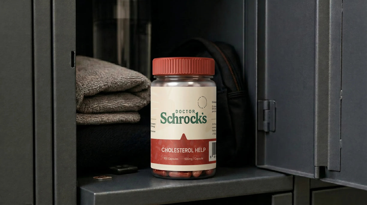 Dr. Schrock's Cholesterol Help bottle in real-world setting — cardiovascular supplement from doctor with 40 years of practice