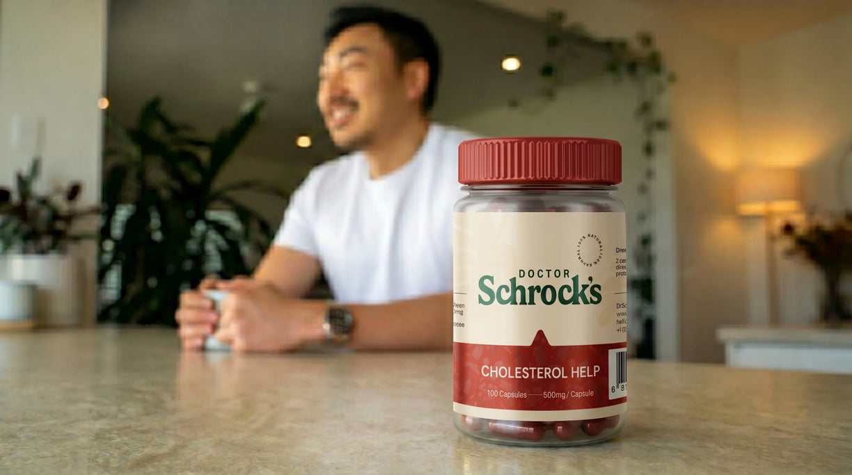 Dr. Schrock's Cholesterol Help held outside — convenient daily cardiovascular supplement from Dr. Schrock's