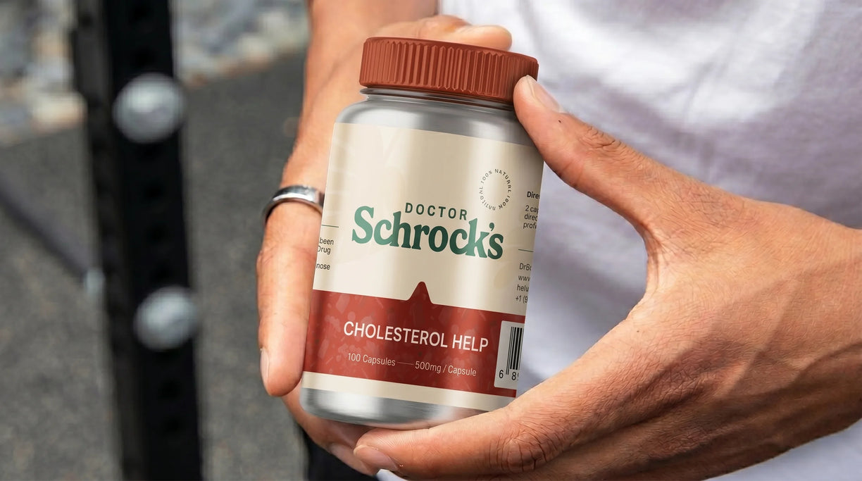 Dr. Schrock's Cholesterol Help bottle held in hand outdoors — plant sterols, bergamot BPF, red yeast rice cholesterol support for daily use