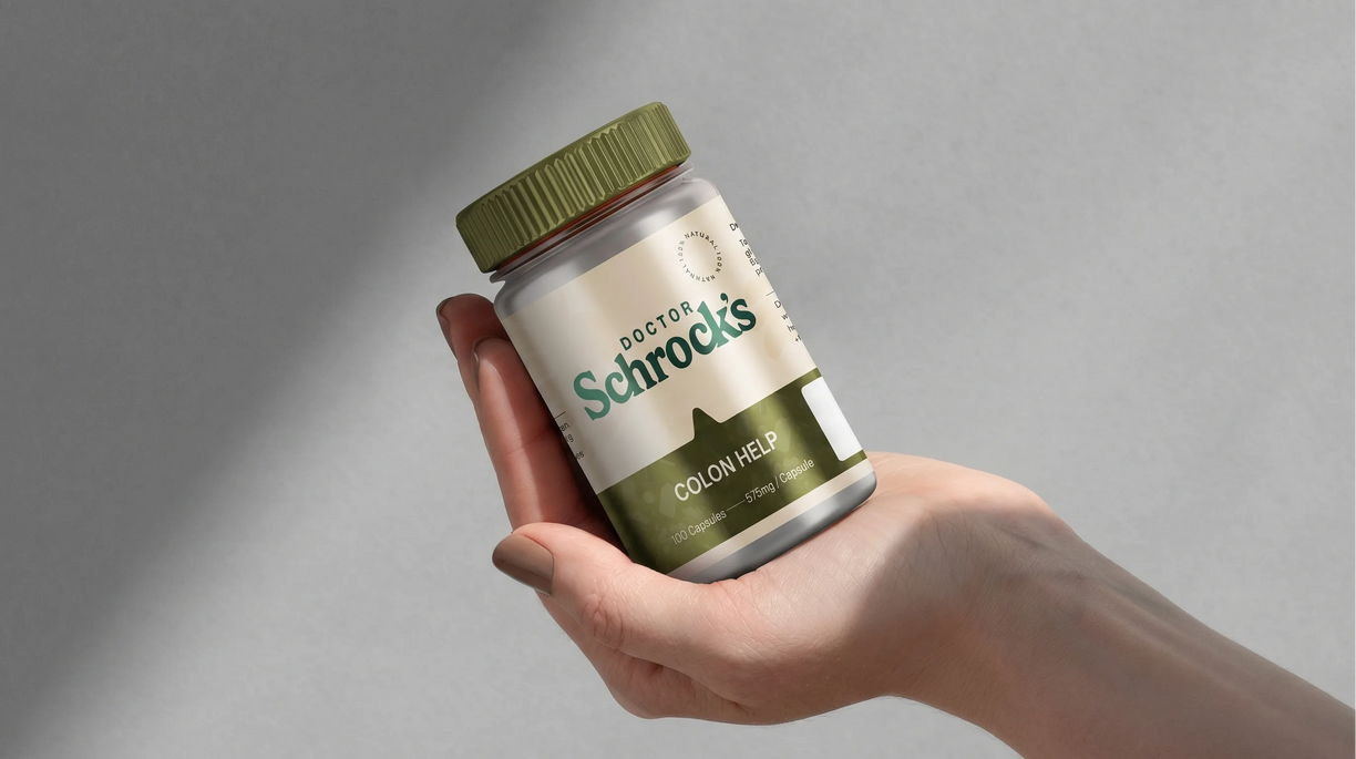 Dr. Schrock's Colon Help capsules in natural lifestyle context — daily colon support from a doctor with 40 years of practice