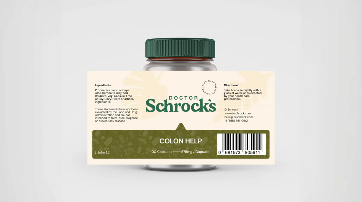 Dr. Schrock's Colon Help bottle in editorial composition — multi-mechanism digestive supplement designed for chronic constipation and post-antibiotic recovery