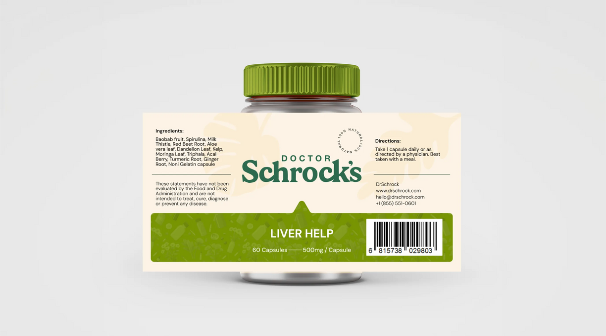 Dr. Schrock's Liver Help bottle close-up — milk thistle, dandelion root, artichoke daily liver support, doctor-formulated liver maintenance supplement