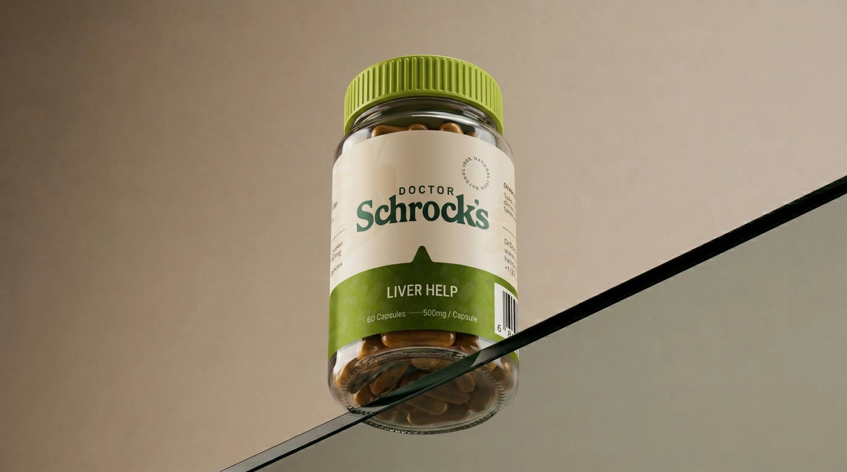 Dr. Schrock's Liver Help supplement bottle in natural lifestyle context — milk thistle, dandelion root, artichoke daily liver support