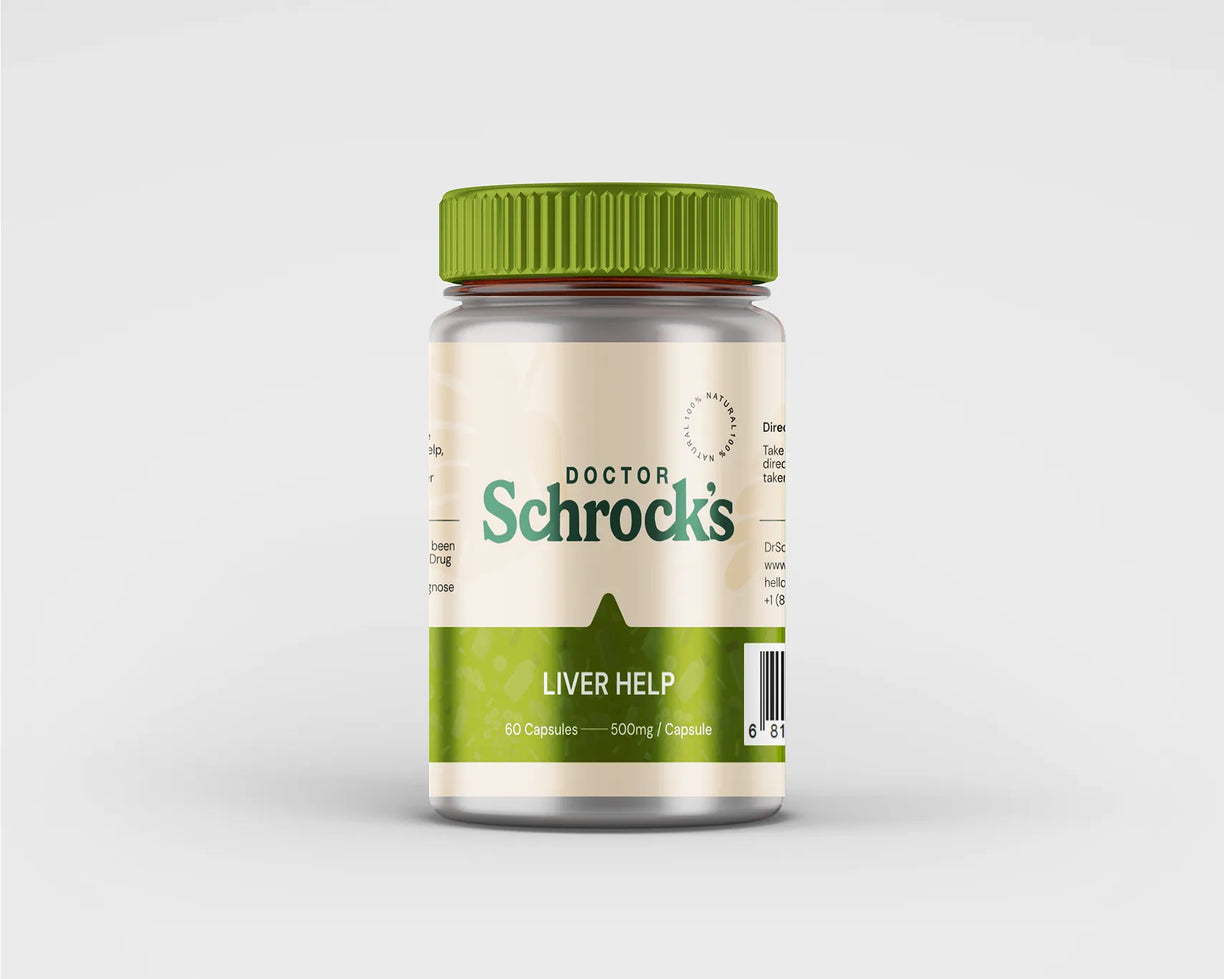 Dr. Schrock's Liver Help bottle — milk thistle, dandelion root, artichoke daily liver support on clean studio background, doctor-formulated liver maintenance supplement