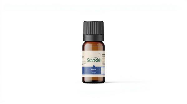 Dr. Schrock's Pain Relief Essential Oil Blend (Pain Oil) bottle — 1oz topical pain relief essential oil blend with wintergreen, peppermint, menthol on clean studio background, doctor-formulated topical essential oil blend