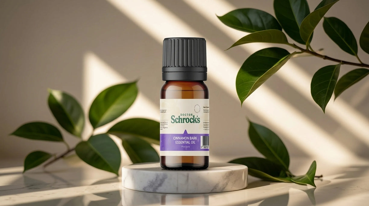 Dr. Schrock's Pure Cinnamon Bark Essential Oil held outside — convenient daily essential oil from Dr. Schrock's