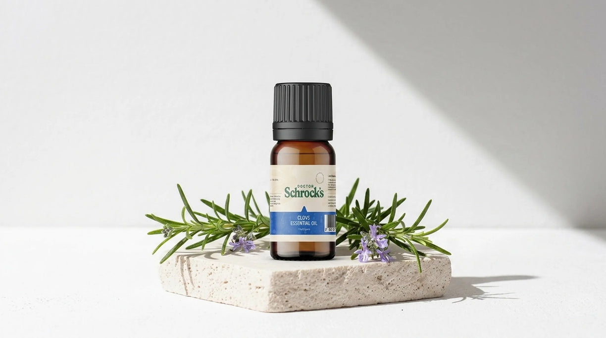 Dr. Schrock's Pure Clove Essential Oil bottle held in hand outdoors — pure 1oz clove bud essential oil for daily use