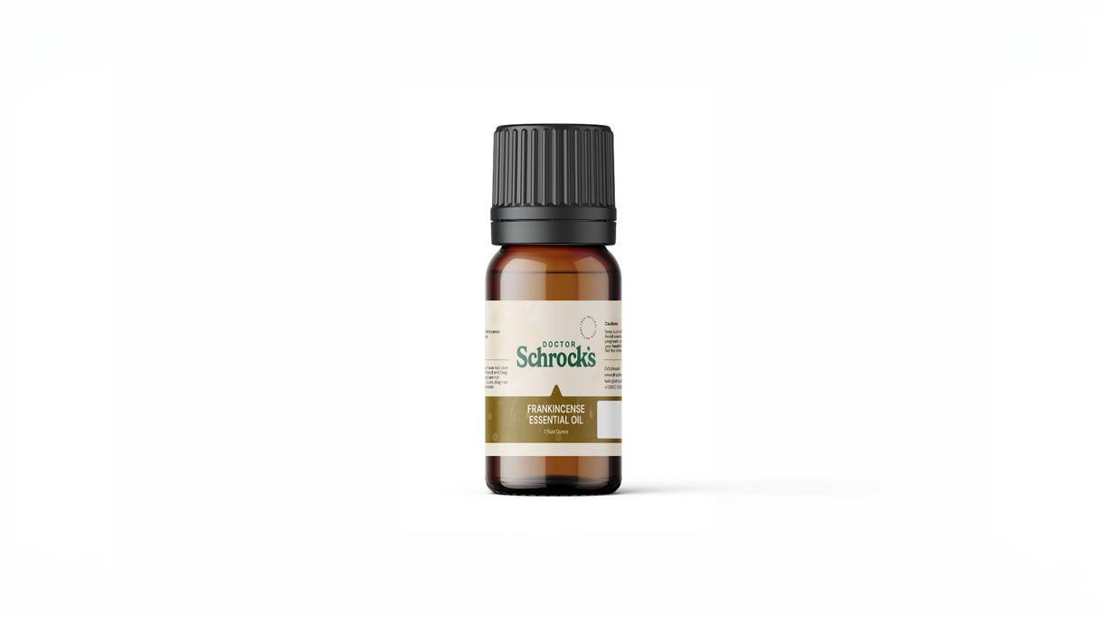 Dr. Schrock's Pure Frankincense Essential Oil bottle — pure 1oz frankincense essential oil on clean studio background, doctor-formulated essential oil