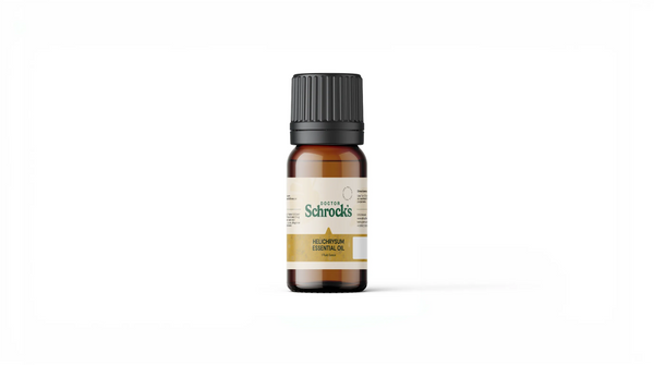 Dr. Schrock's Pure Helichrysum Essential Oil bottle — pure 1oz helichrysum (immortelle) skin and scar essential oil on clean studio background, doctor-formulated essential oil