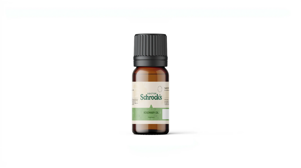 Dr. Schrock's Pure Rosemary Essential Oil bottle — pure 1oz rosemary essential oil on clean studio background, doctor-formulated essential oil