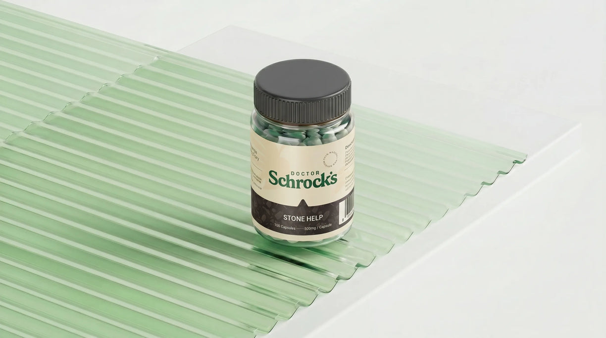 Dr. Schrock's Stone Help bottle in real-world setting — urinary tract supplement from doctor with 40 years of practice