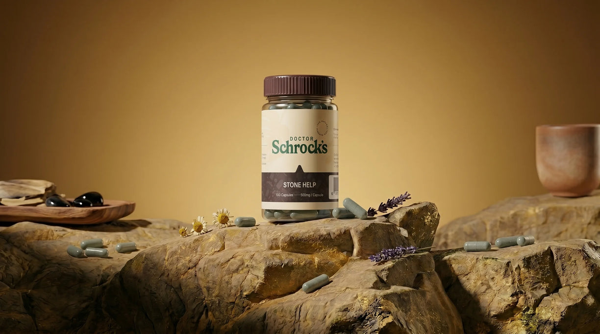 Dr. Schrock's Stone Help held outside — convenient daily urinary tract supplement from Dr. Schrock's