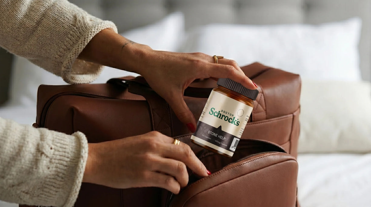 Dr. Schrock's Stone Help supplement bottle in natural lifestyle context — chanca piedra, hydrangea, magnesium citrate kidney stone support